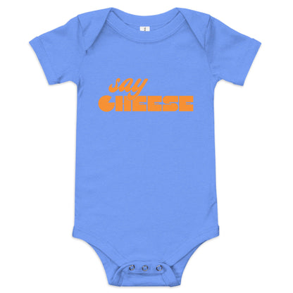 Chunky Deli product image: Blue-colored "Say Cheese" icon onesie, 100% cotton with envelope shoulders and three-snap closure, laid flat on a white background.