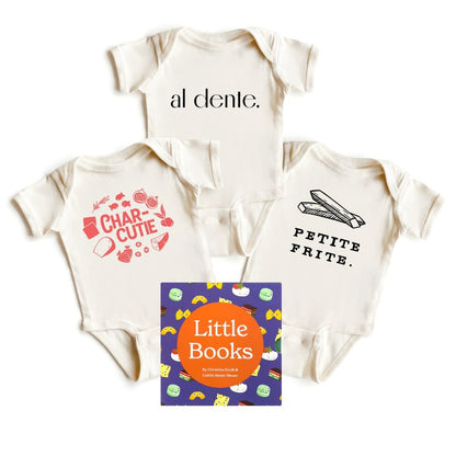 Chunky Deli product image: Three natural-colored onesies fanned out: "Charcutie," "Al Dente," and "Petite Frite," with the "Little Books Culinary Collection" box set (containing "Little Book of Pasta," "Little Book of Cheese," and "Little Book of Cookies"