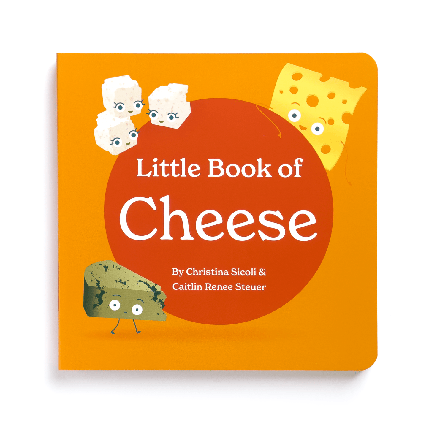 Chunky Deli product photo: The orange cover of "Little Book of Cheese" featuring a vibrant red spot in the center, surrounded by illustrations of feta, gorgonzola, and swiss cheese characters, laid flat on a white background.