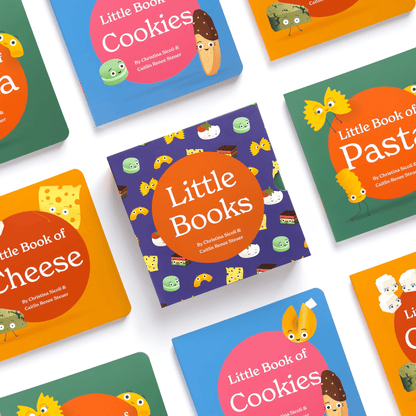 Chunky Deli product image: Three natural-colored onesies fanned out: "Charcutie," "Al Dente," and "Petite Free," with the "Little Books Culinary Collection" box set (containing "Little Book of Pasta," "Little Book of Cheese," and "Little Book of Cookies")