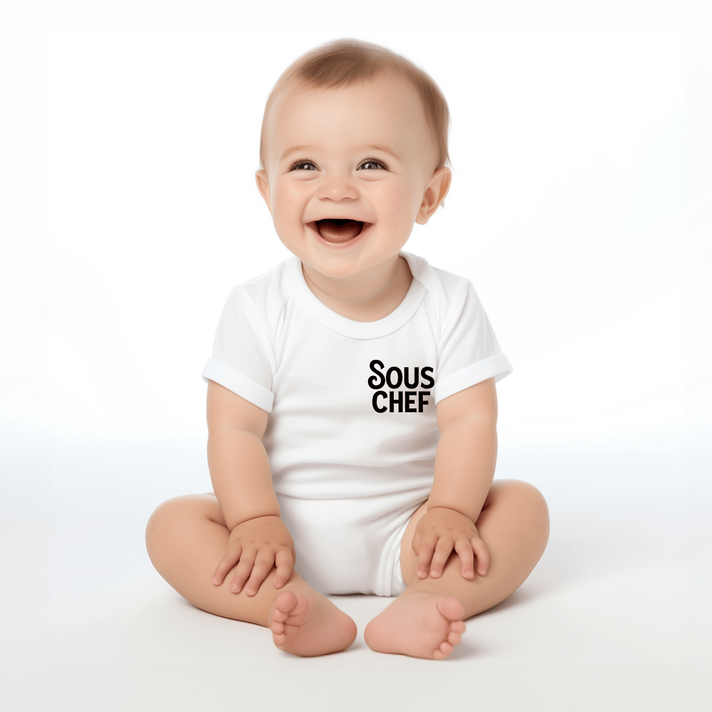 Chunky Deli product image: Happy, smiling baby wearing the "Sous Chef" onesie, showcasing the short sleeves, envelope shoulder, and graphic design across the chest. White background.