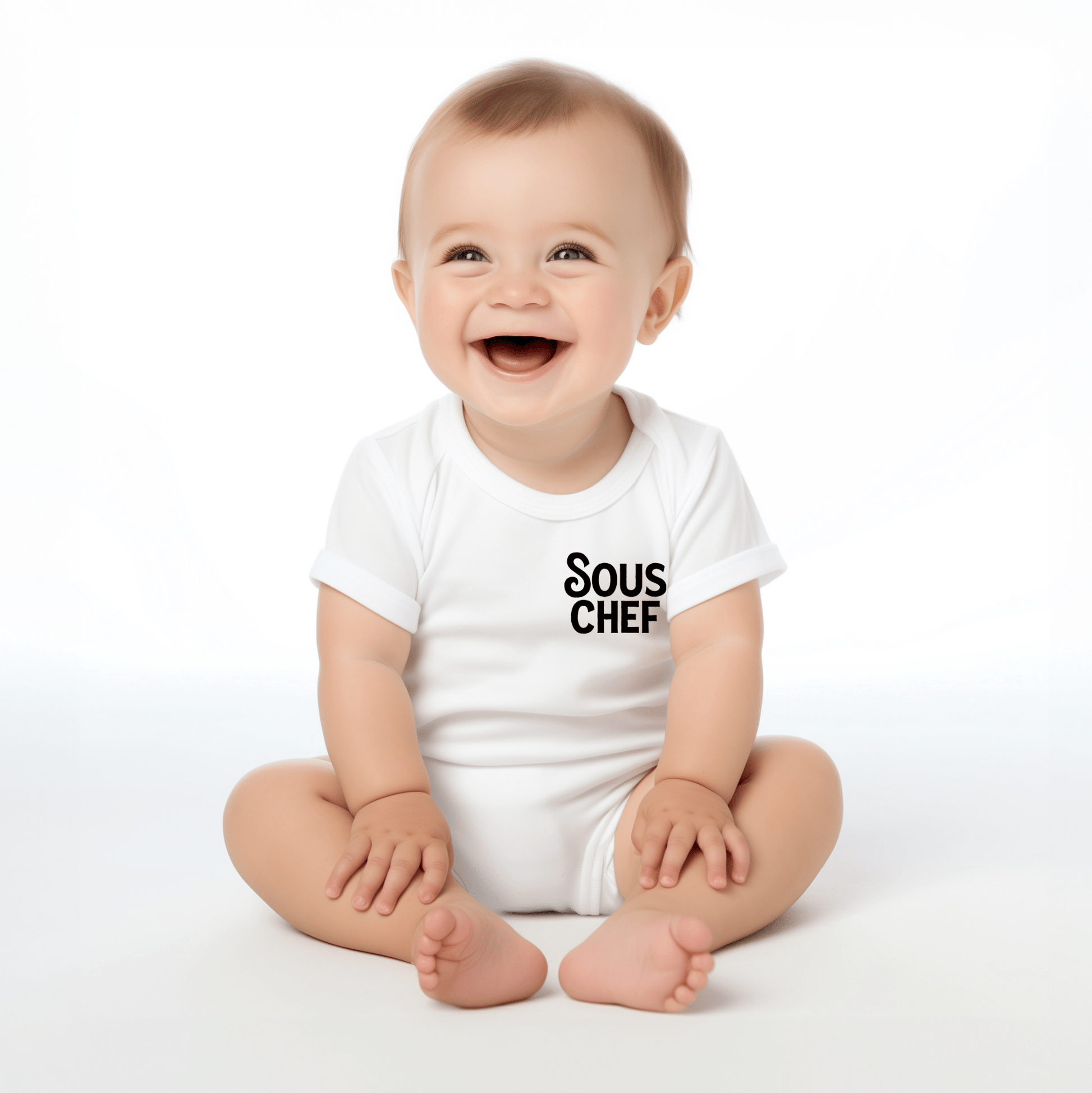 Chunky Deli product image: Happy, smiling baby wearing the "Sous Chef" onesie, showcasing the short sleeves, envelope shoulder, and graphic design across the chest. White background.