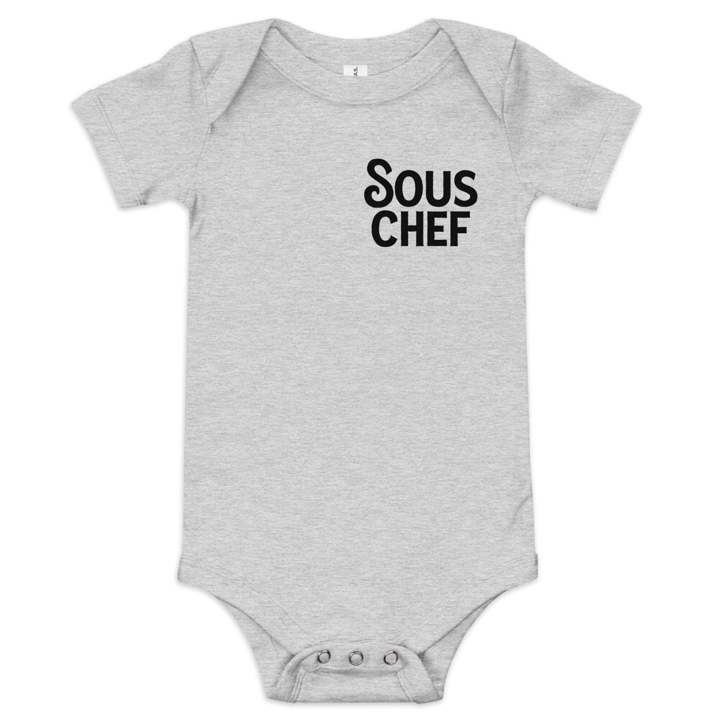 Chunky Deli product image: Grey-colored "Sous Chef" onesie (100% cotton) laid flat on a white background, showcasing the envelope shoulders and three-snap closure.