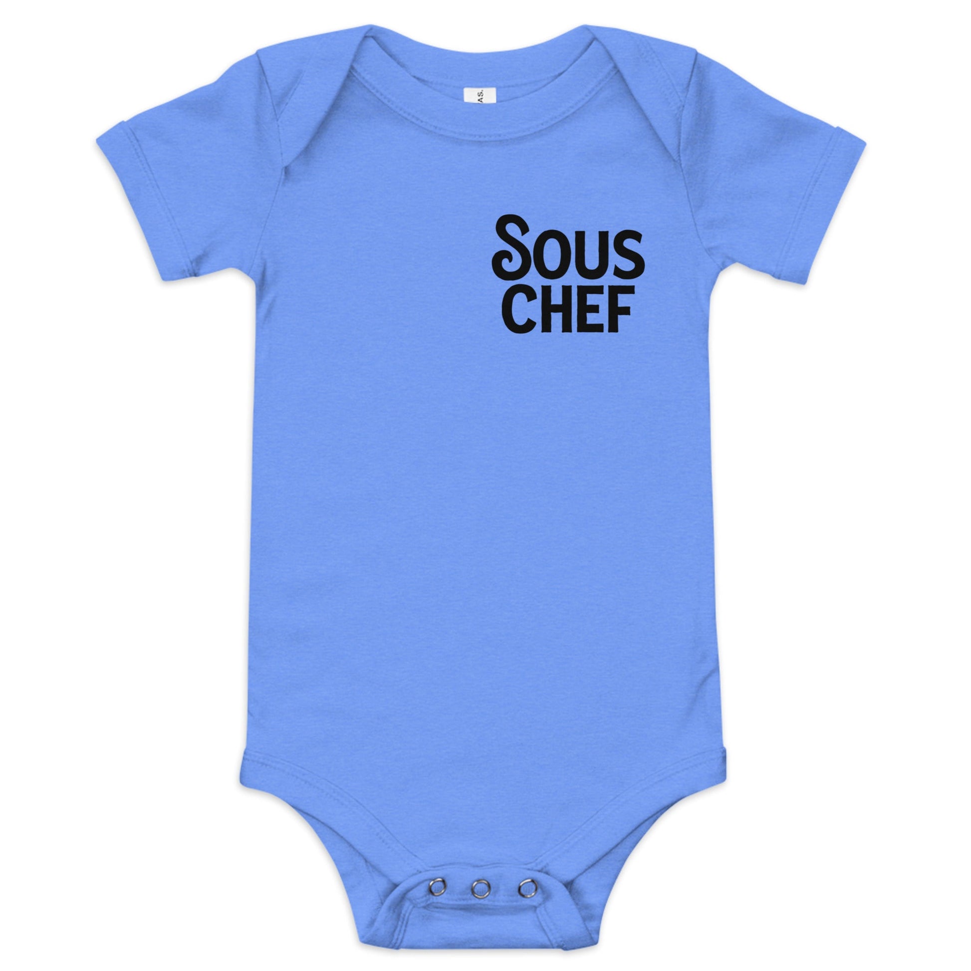 Chunky Deli product image: Blue-colored "Sous Chef" onesie (100% cotton) laid flat on a white background, showcasing the envelope shoulders and three-snap closure.