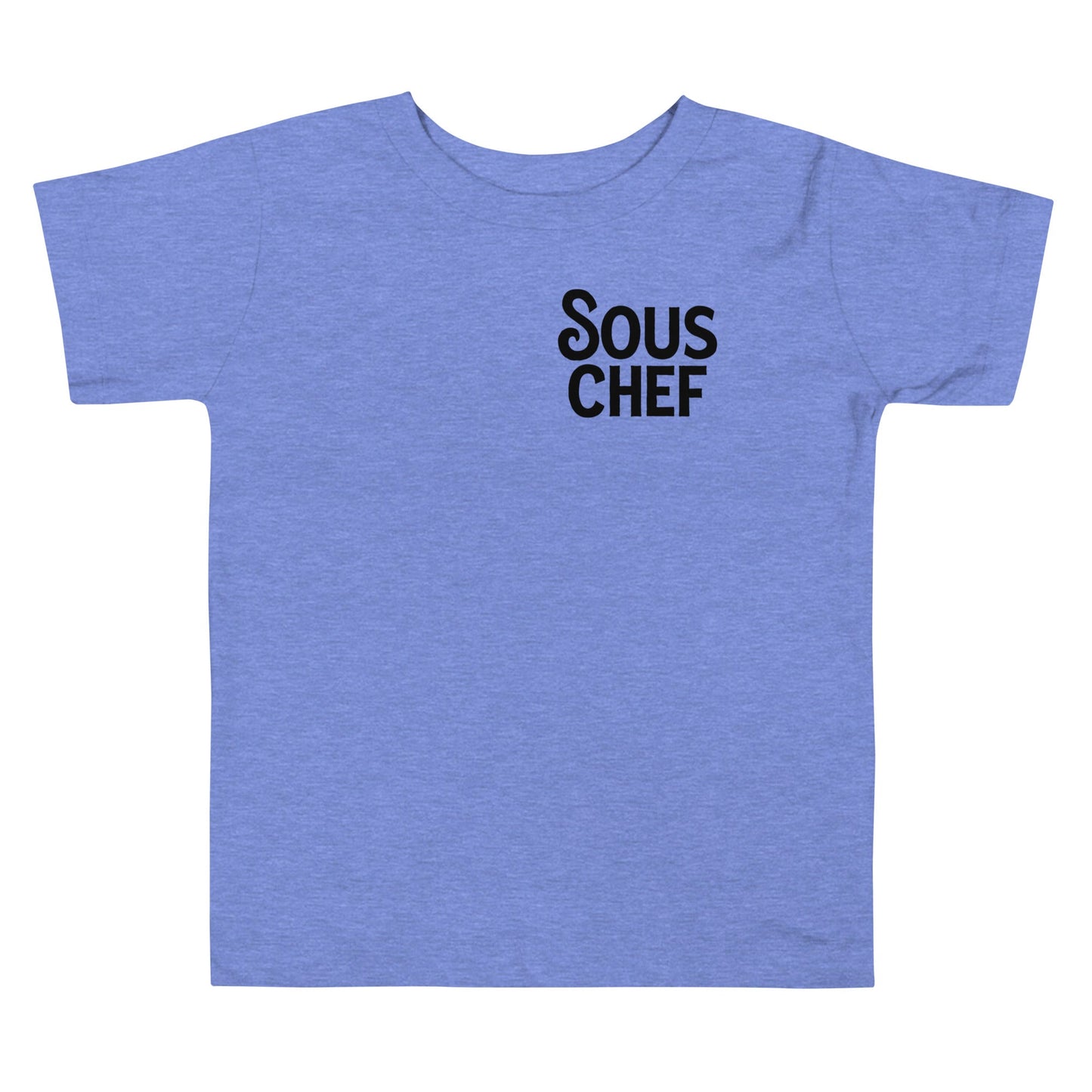 Chunky Deli product image: Blue short-sleeved kids' and toddler t-shirt with the text "Sous Chef" stacked vertically in black font on the chest.