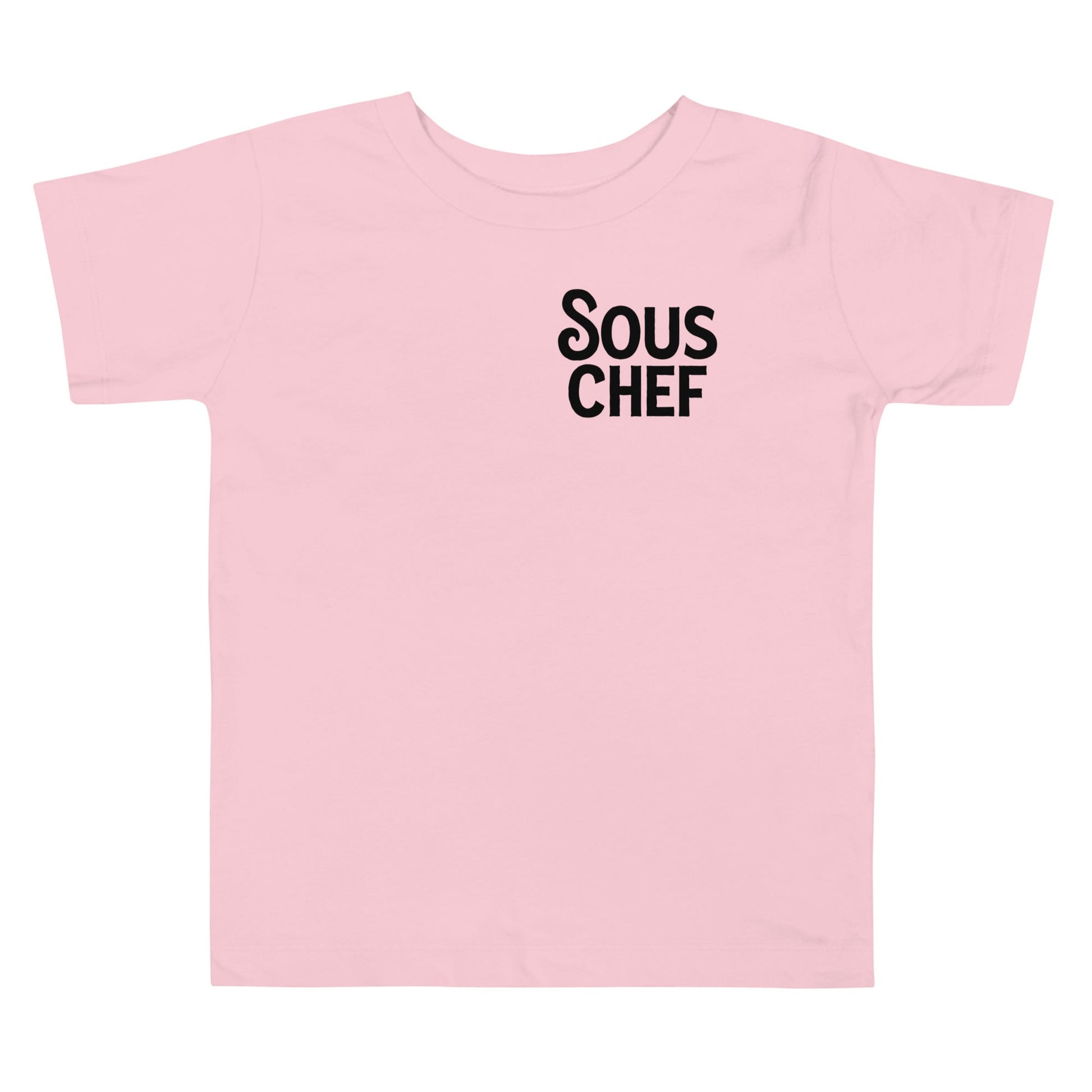 Chunky Deli product image: Pink short-sleeved kids' and toddler t-shirt with the text "Sous Chef" stacked vertically in black font on the chest.