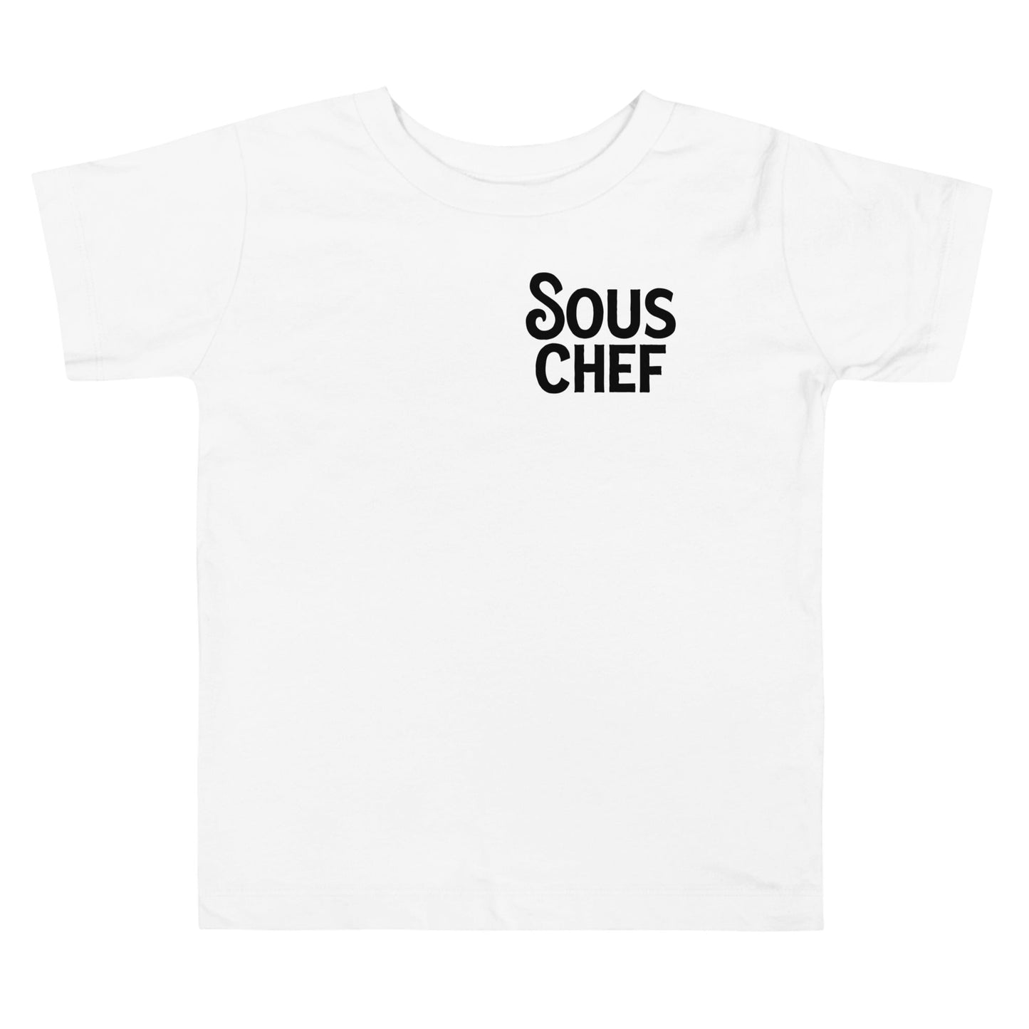 Chunky Deli product image: White short-sleeved kids' and toddler t-shirt with the text "Sous Chef" stacked vertically in black font on the chest.