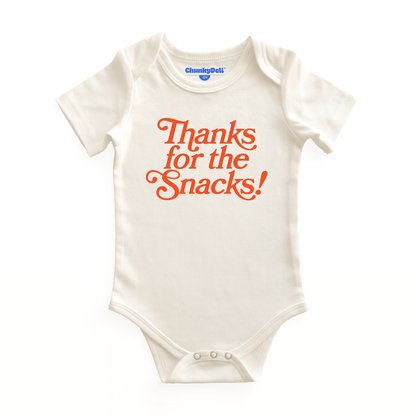 Product display image of the "Thanks for the Snacks!" baby onesie in natural cotton, laid flat on a white background. Chunky Deli product image.