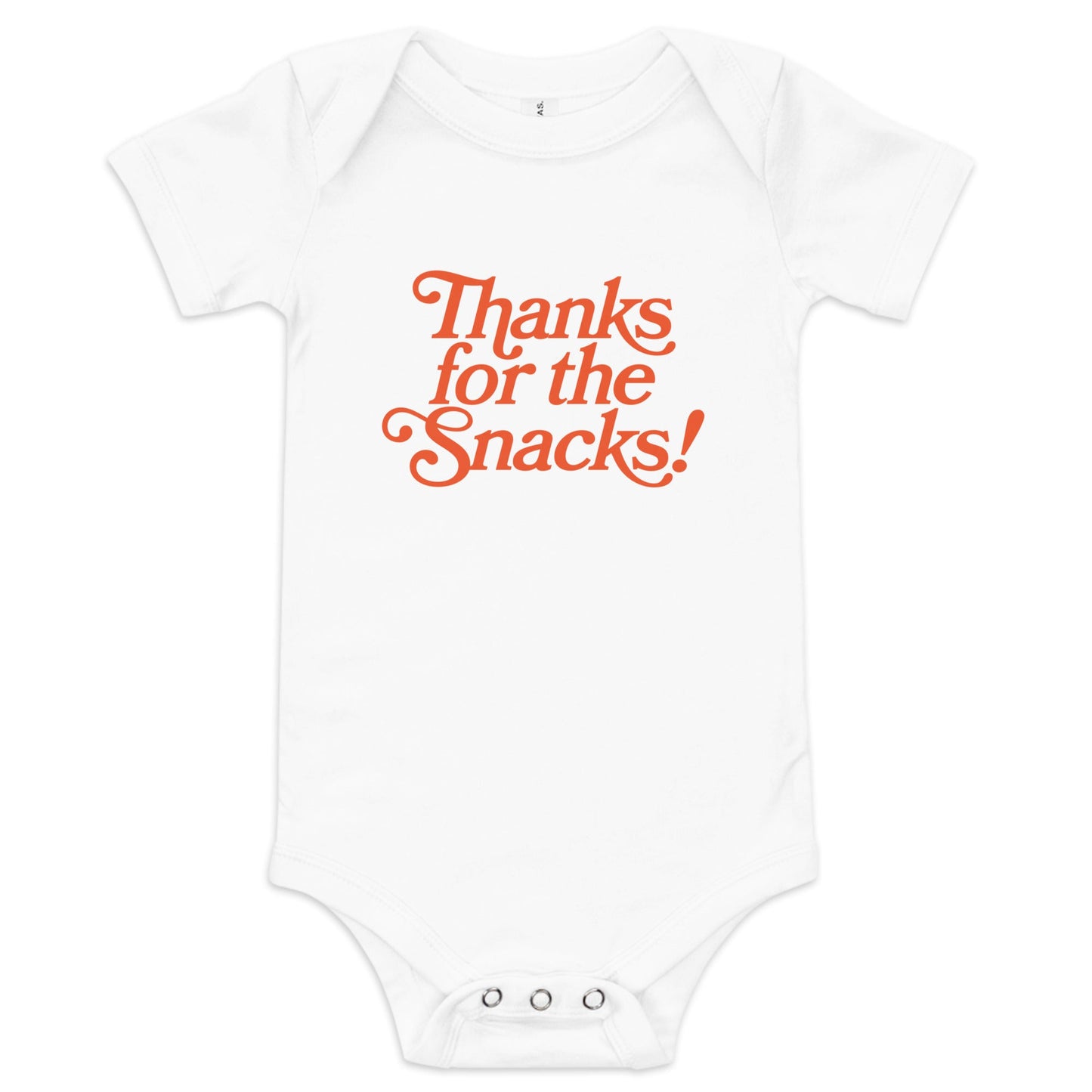 Chunky Deli product image: Natural-colored "Thanks for the Snacks!" onesie, 100% cotton with envelope shoulders and three-snap closure, laid flat on a white background.