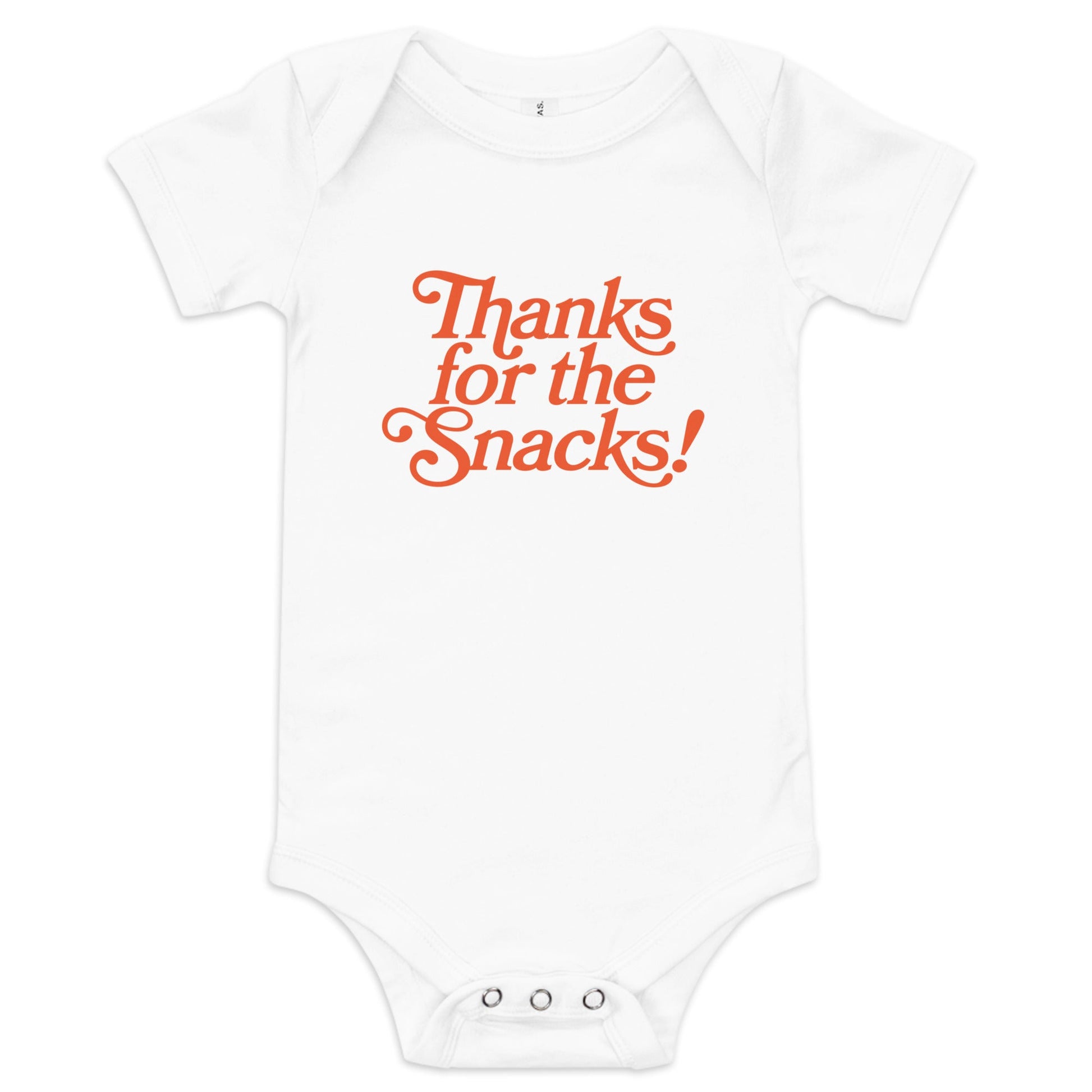 Chunky Deli product image: Natural-colored "Thanks for the Snacks!" onesie, 100% cotton with envelope shoulders and three-snap closure, laid flat on a white background.