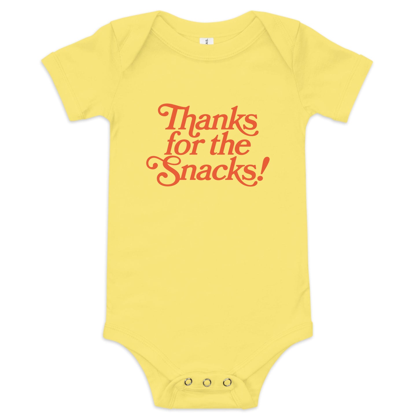 Chunky Deli product image: Yellow-colored "Thanks for the Snacks!" onesie, 100% cotton with envelope shoulders and three-snap closure, laid flat on a white background.