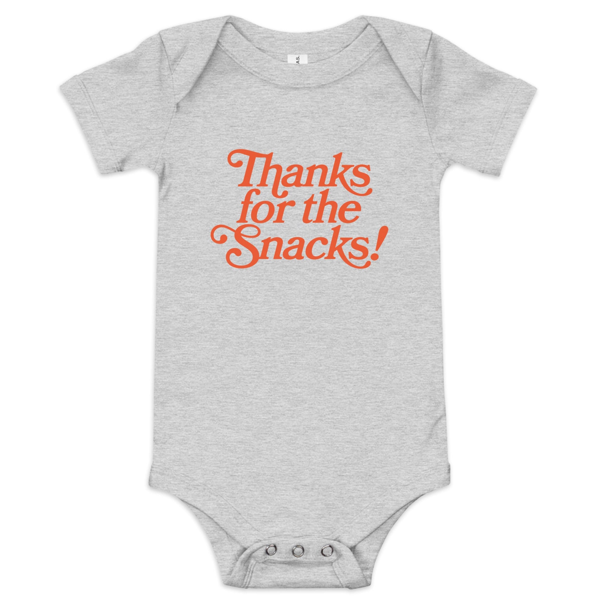 Chunky Deli product image: Grey-colored "Thanks for the Snacks!" onesie, 100% cotton with envelope shoulders and three-snap closure, laid flat on a white background.