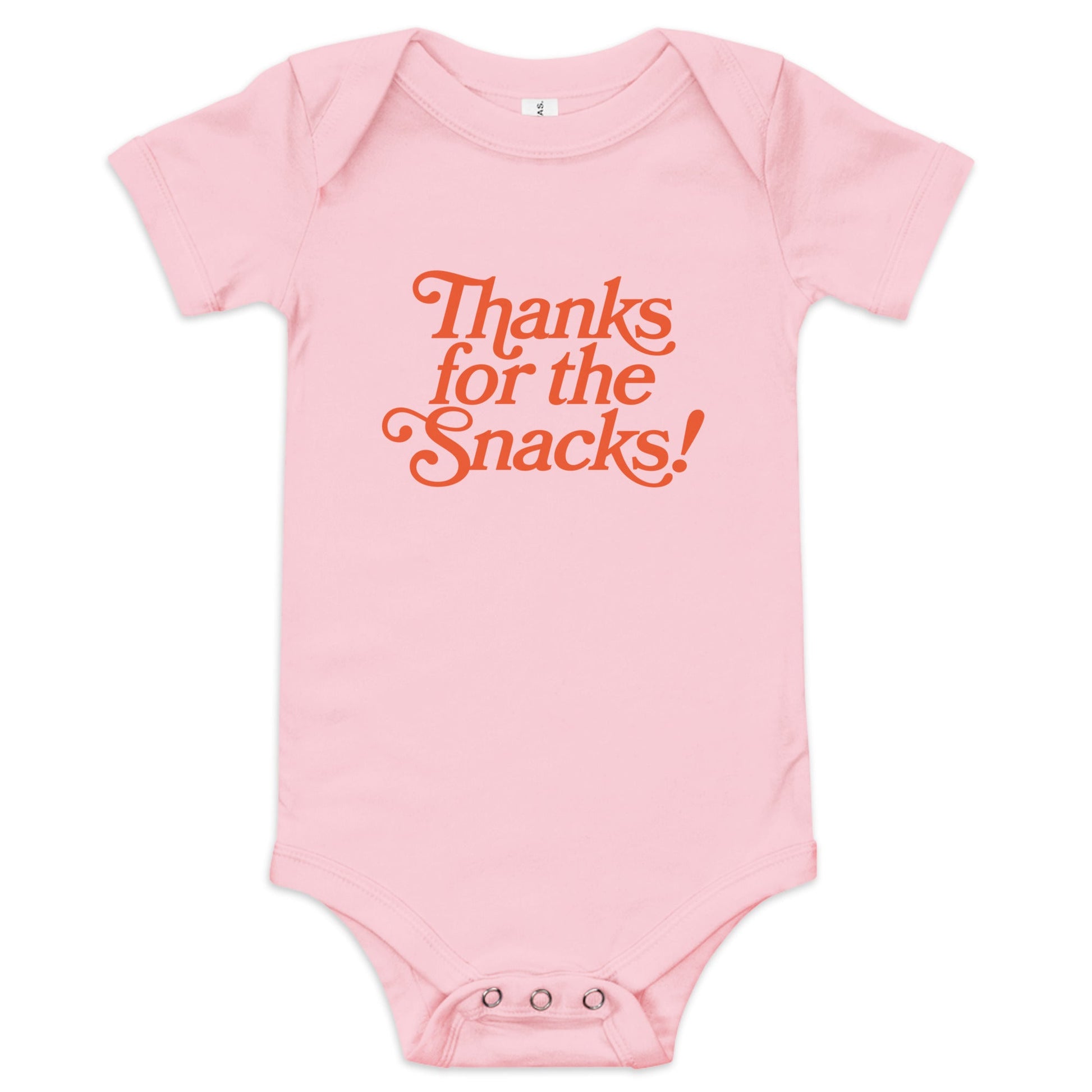 Chunky Deli product image: Pink-colored "Thanks for the Snacks!" onesie, 100% cotton with envelope shoulders and three-snap closure, laid flat on a white background.