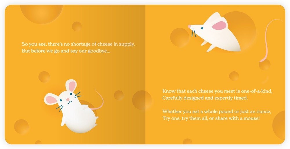 Chunky Deli product image: "Little Book of Cheese" open to the final page, featuring an illustration of two white mice and the concluding rhymes, laid flat on a white background.