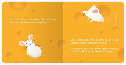 Chunky Deli product image: "Little Book of Cheese" open to the final page, featuring an illustration of two white mice and the concluding rhymes, laid flat on a white background.