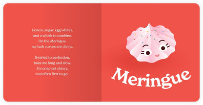 Chunky Deli product image: "Little Book of Cookies" open to the meringue page (red spread), featuring an illustration of meringues and their accompanying playful rhyme, laid on a white background.