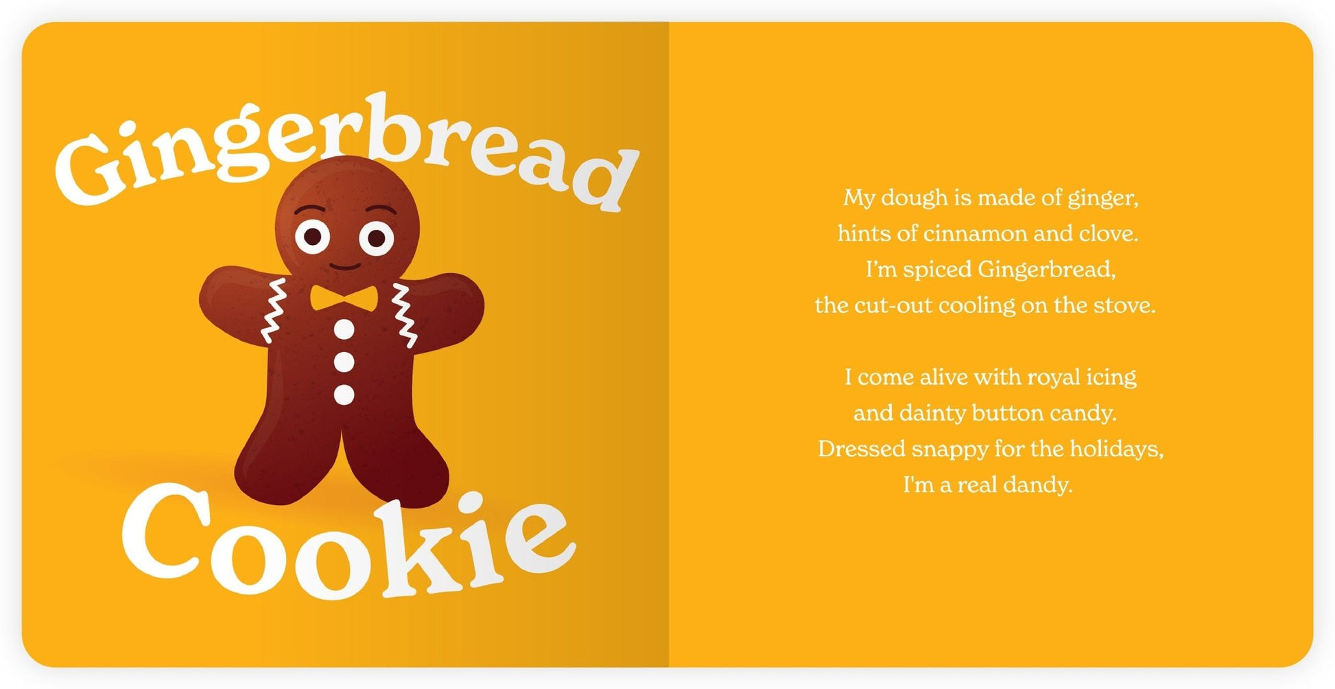 Chunky Deli product image: "Little Book of Cookies" open to the gingerbread cookie page (yellow spread), featuring an illustration of a gingerbread person and its accompanying playful rhyme, laid on a white background.