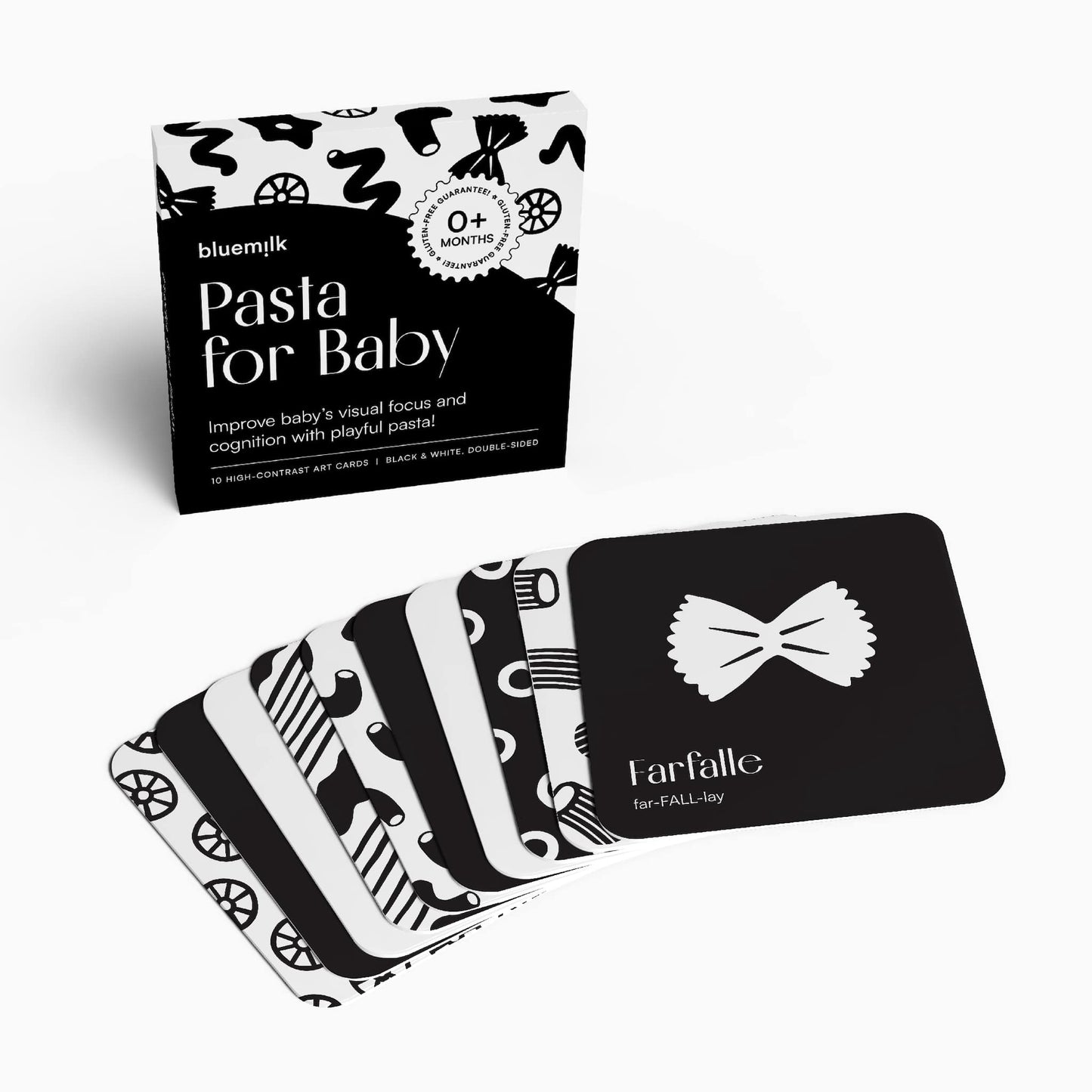 Chunky Deli product image: "Pasta for Baby" black and white art cards (visual stimulation and sensory play toys) displayed with the box standing up to show the cover and a fan of cards from the set laid in front, all on a white background.