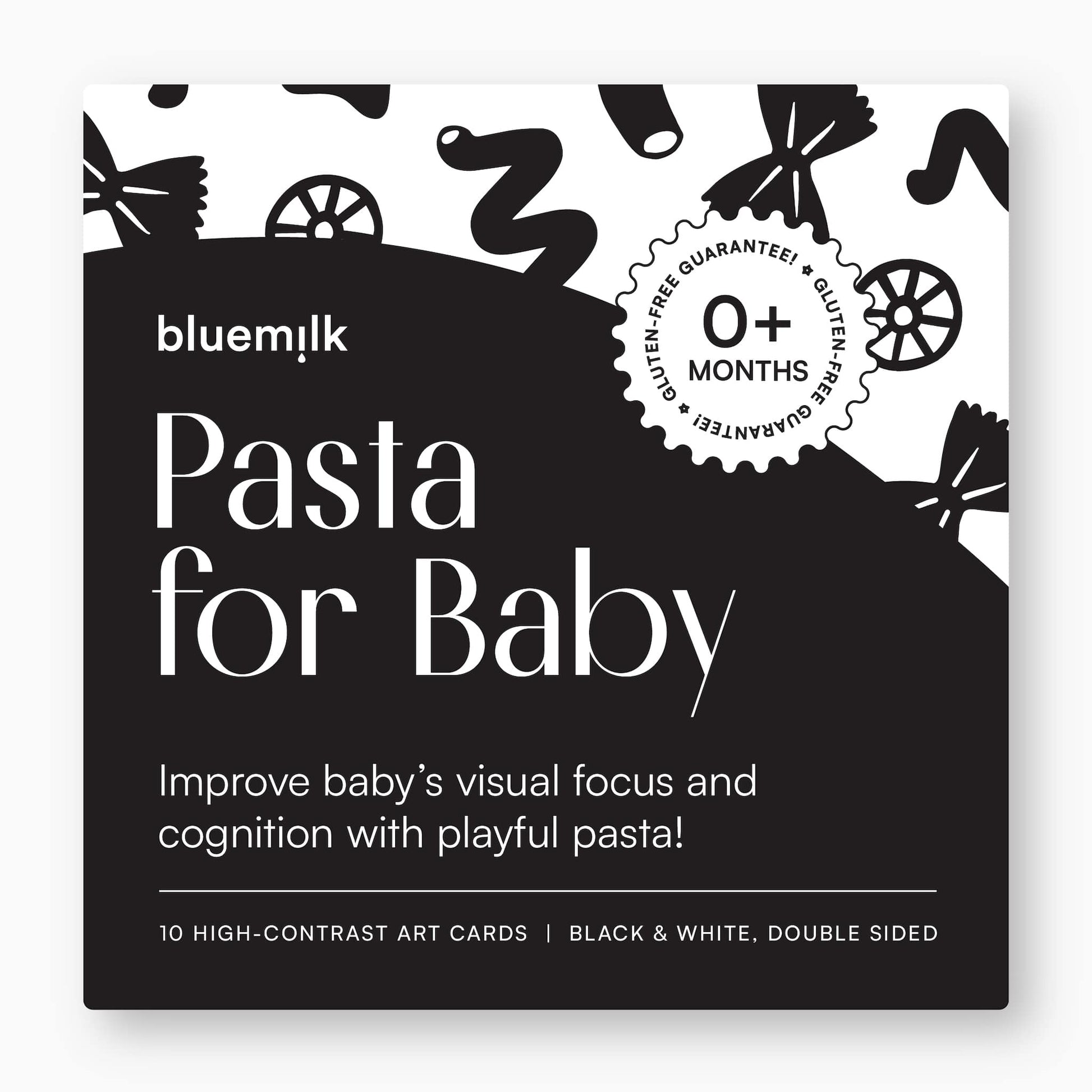 Chunky Deli product image: "Pasta for Baby" black and white art cards box cover, featuring product description, age range (0+), and hints of the pasta illustrations inside. Laid flat on a white background.